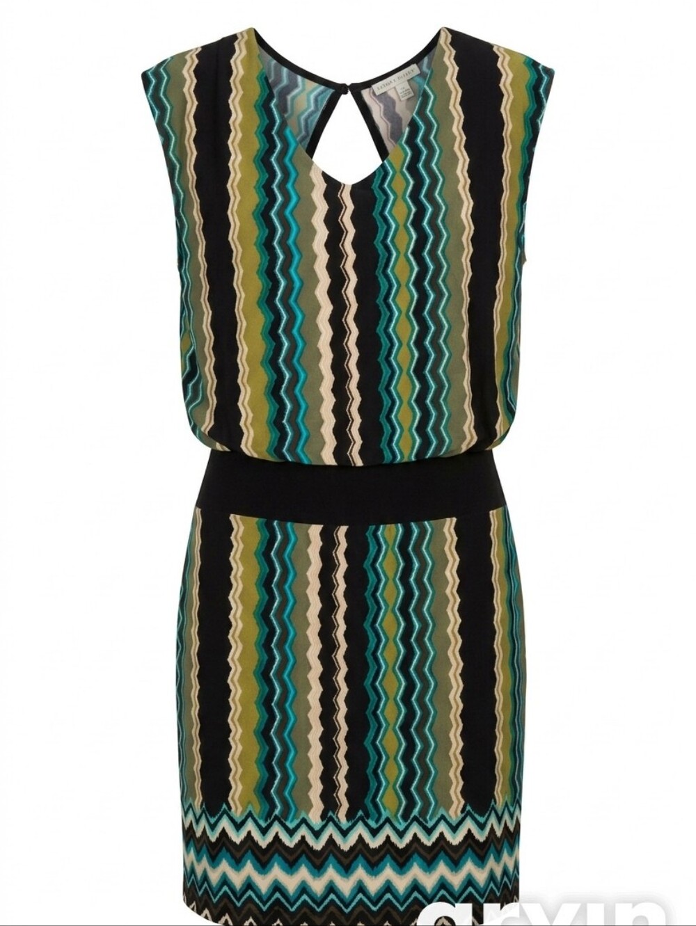 Zigzag Stripe Mini Dress with Keyhole Back in Teal, Black & Olive